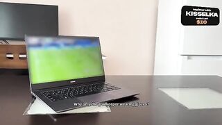 A girl with a big boobs is fucked in the kitchen during the World Cup
