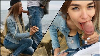 A hot blonde girl named Veronika Charm fucks with a guy in the beach