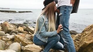 A hot blonde girl named Veronika Charm fucks with a guy in the beach