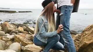 A hot blonde girl named Veronika Charm fucks with a guy in the beach