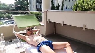 Italian slut gives blowjob on the seaside villa balcony