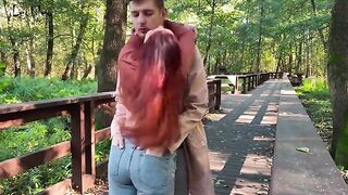 A couple has anal sex with a plug in public place
