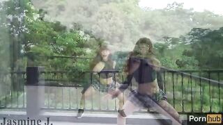 A cute girl, Jasmine J, squirts like a fountain on her balcony with a machine