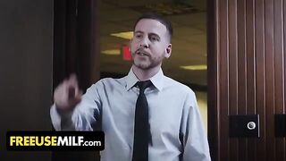 Submissive mature women with huge tits getting fucked on the desk by their boss